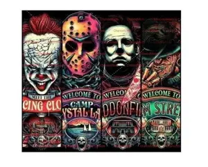 Horror Welcome Signs Tumbler • Pennywise Jason Michael Freddy • Camp Crystal Lake · Haddonfield · Elm Street