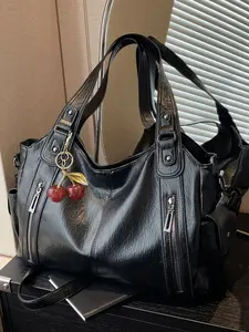 Casual retro style fashionable texture tote bag, simple and practical large capacity single shoulder crossbody bag, with cherry pendant design, suitable for daily commuting, shopping in the mall, and gatherings, Casual commuter bag