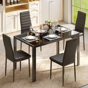 【2 Packages Shipping】Gizoon 5 Piece Glass Dining Table Set, Kitchen and Chairs for 4, PU Leather Modern Room Sets for Home, Kitchen, Living Room Furniture Apartment Furniture