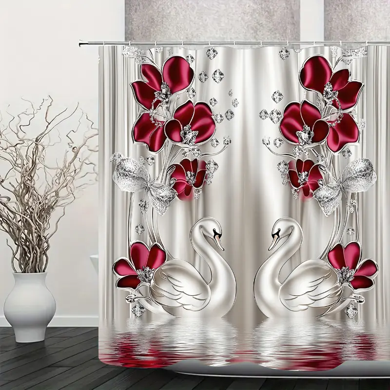 Elegant Swan & Floral Print Geometric Shower Curtain Set, Silver Color Modern Aesthetics Luxury Waterproof Bathroom Decor, Includes Toilet Lid Cover & Hooks