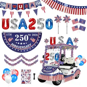Tryly 4th of July Golf Cart Decorations Kit, 250th Patriotic Parade Golf Cart Decor – 250th Banner, Fan Flags, Foil Fringe Garland, Pinwheels and More with 1776-2026 for Independence Da