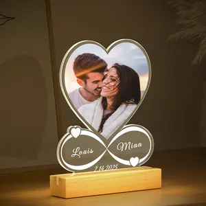 LOUISMIAA Custom Heart Picture Frame with Night Light Personalized Photo Frame for Anniversaries Birthdays Valentine's Day Gifts for Women Men Mom Dad Same Day Shipping