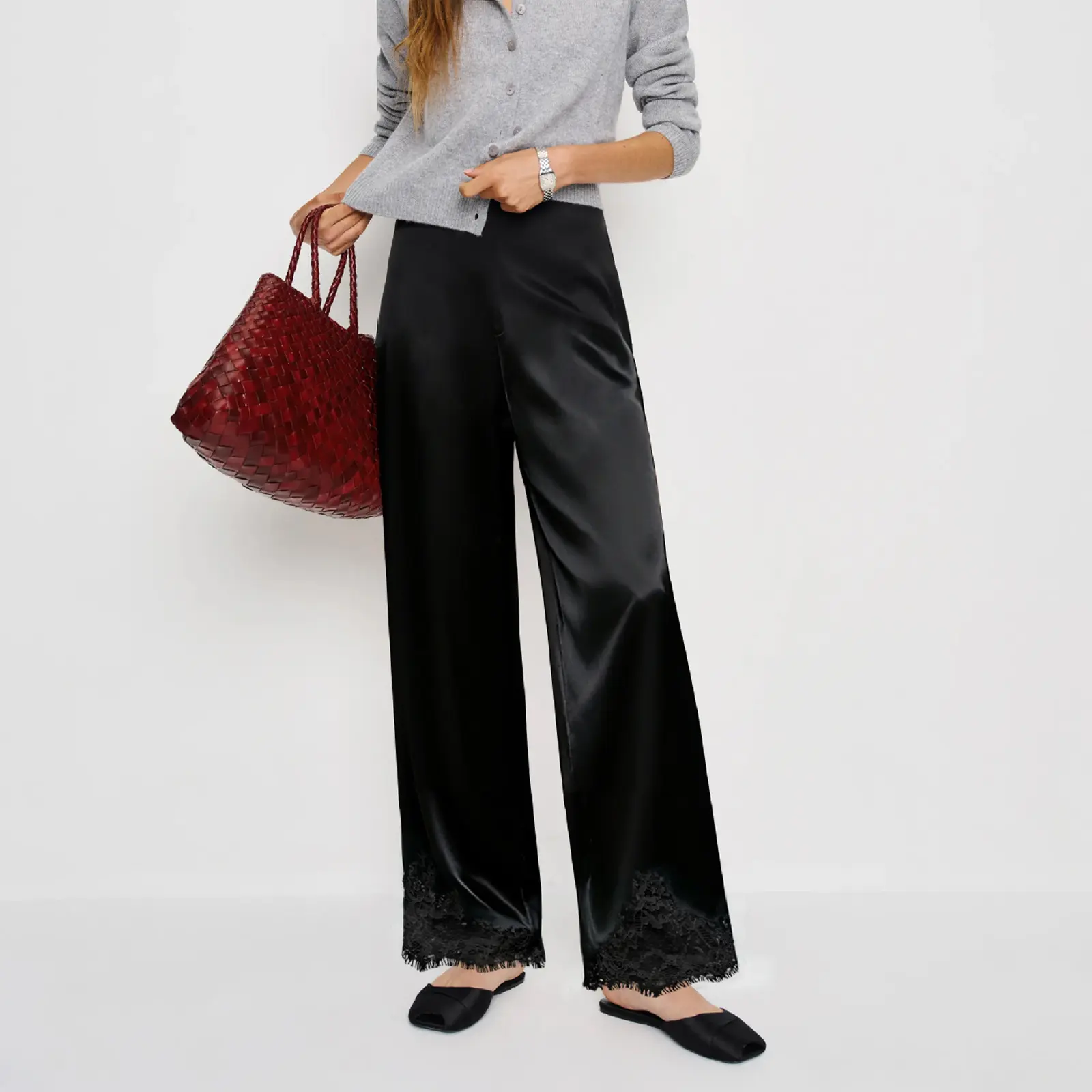 Elegant Women Y2K Satin Silk Wide Leg Long Pants Casual Elastic High Waist Solid Loose Loungewear Lace Patchwork