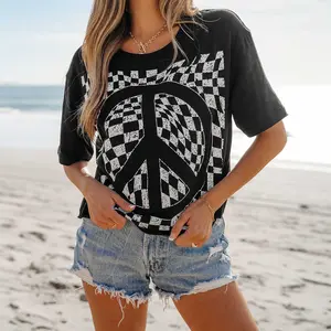 Black Checkerboard Peace Sign Printed Round Neck T Shirt