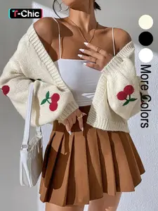 Women's Cherry Embroidery Lantern Sleeve Cardigan, Casual Long Sleeve Open Front Knitwear for Spring & Fall, Fashion Women's Knit Clothing for Daily Wear