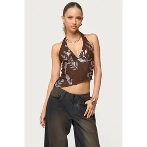 Sequin Asymmetric Mesh Halter Top