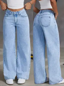 Women's Wide Leg Jeans, Pants, Casual Simple Denim, All Seasons Wear, Versatile Daily Use, Loose Fit, Natural Waist, Pocket