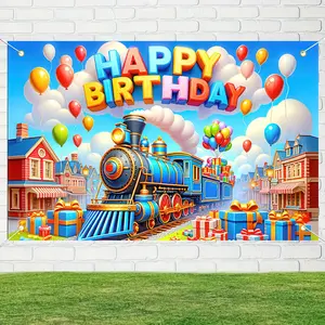 1pc, 2D/Flat Happy Birthday Banner Colorful Train Birthday Backdrop Cartoon Train Banner Decorations Photography Background Photo Shoot Props for Boy Girl Kid Train Birthday Party Backdrop
