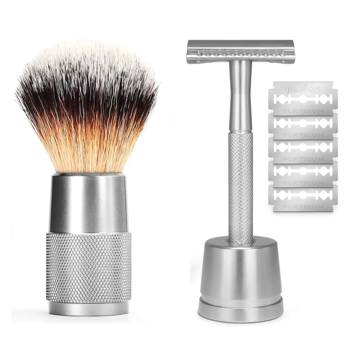 Shaving set Double Edge Safety Razor for Men women with Razor Stand, One Blade Metal Razor, Reusable Metal Razor with 5 Double Edge Safety Razor Blades Vegan Metal handle shave brush Gift set