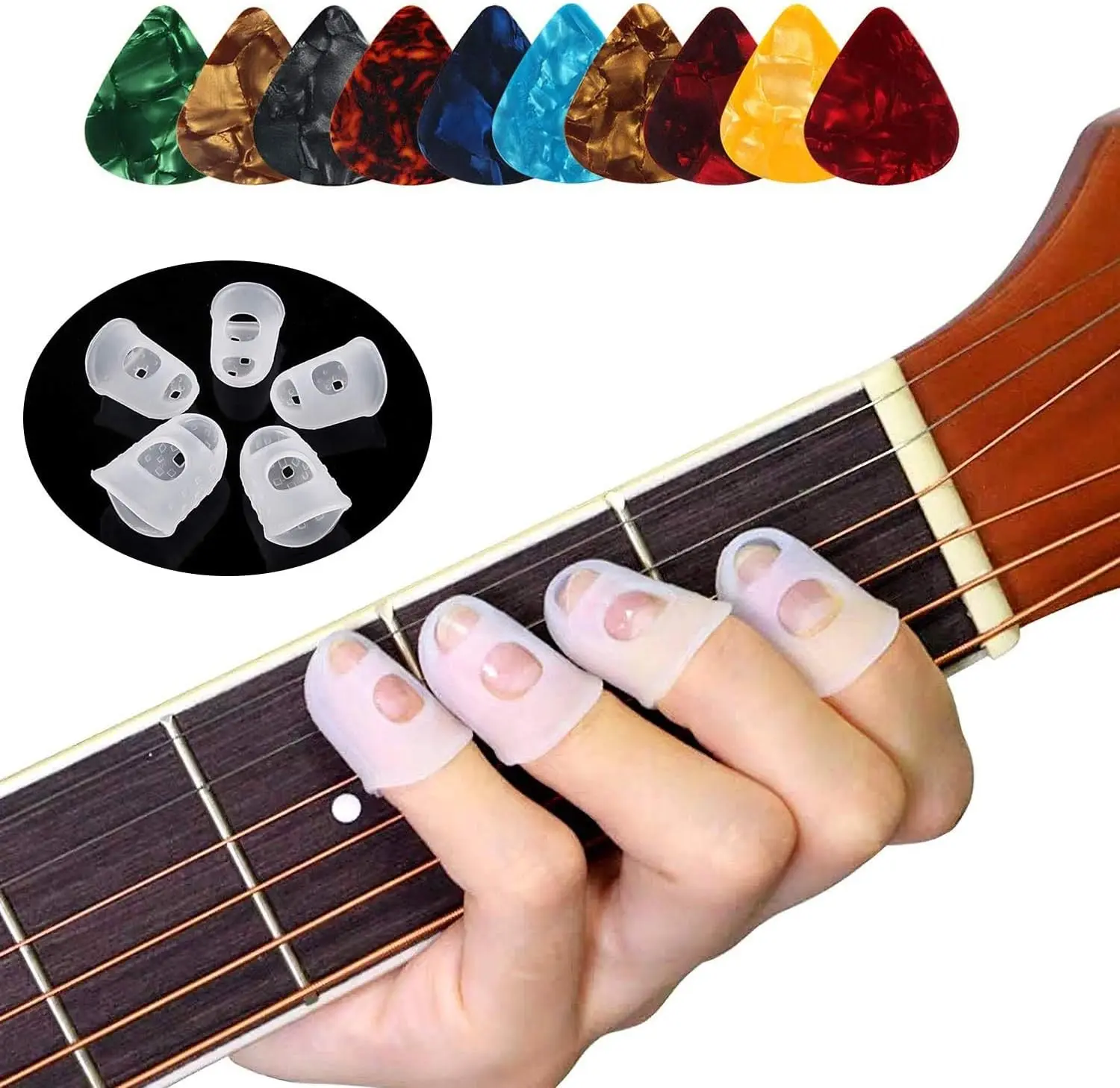 40 Pcs Silicone Guitar Finger Guards Guitar Fingertip Protection Covers Caps with 10pcs Guitar Picks for Stringed Instruments(5 Sizes)