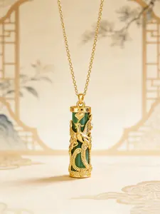 Vintage Phoenix Pendant Necklace, Simulated Jade Cylinder Chain, Daily Wear, Retro Style, 1 Piece Set, Lockbone Jewelry, Phoenix Design