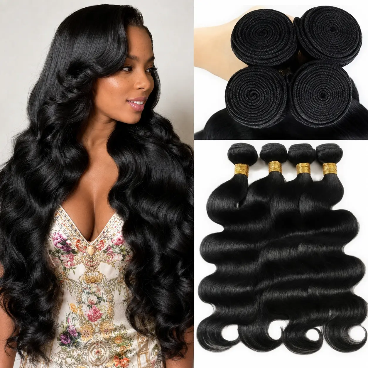 Human Hair Bundles for Black Women, Straight & Body Wave, Natural Black Soft Silky Double Weft Hair Extensions for Sew-In, Quick Weave and DIY Hairstyles