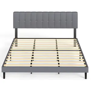 Heavy Duty Iron Bed Frame with Adjustable Grey Upholstered Headboard & Wooden Slats – 6.3" Storage, Noise-Free, Easy Assembly (Twin/Full/Queen/King)