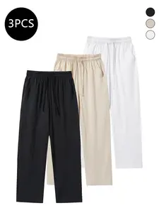 3-Pack Men’s Summer Linen/Cotton Straight-Leg Pants — Casual, Loose Fit, Versatile, Trendy Long Pants for Men