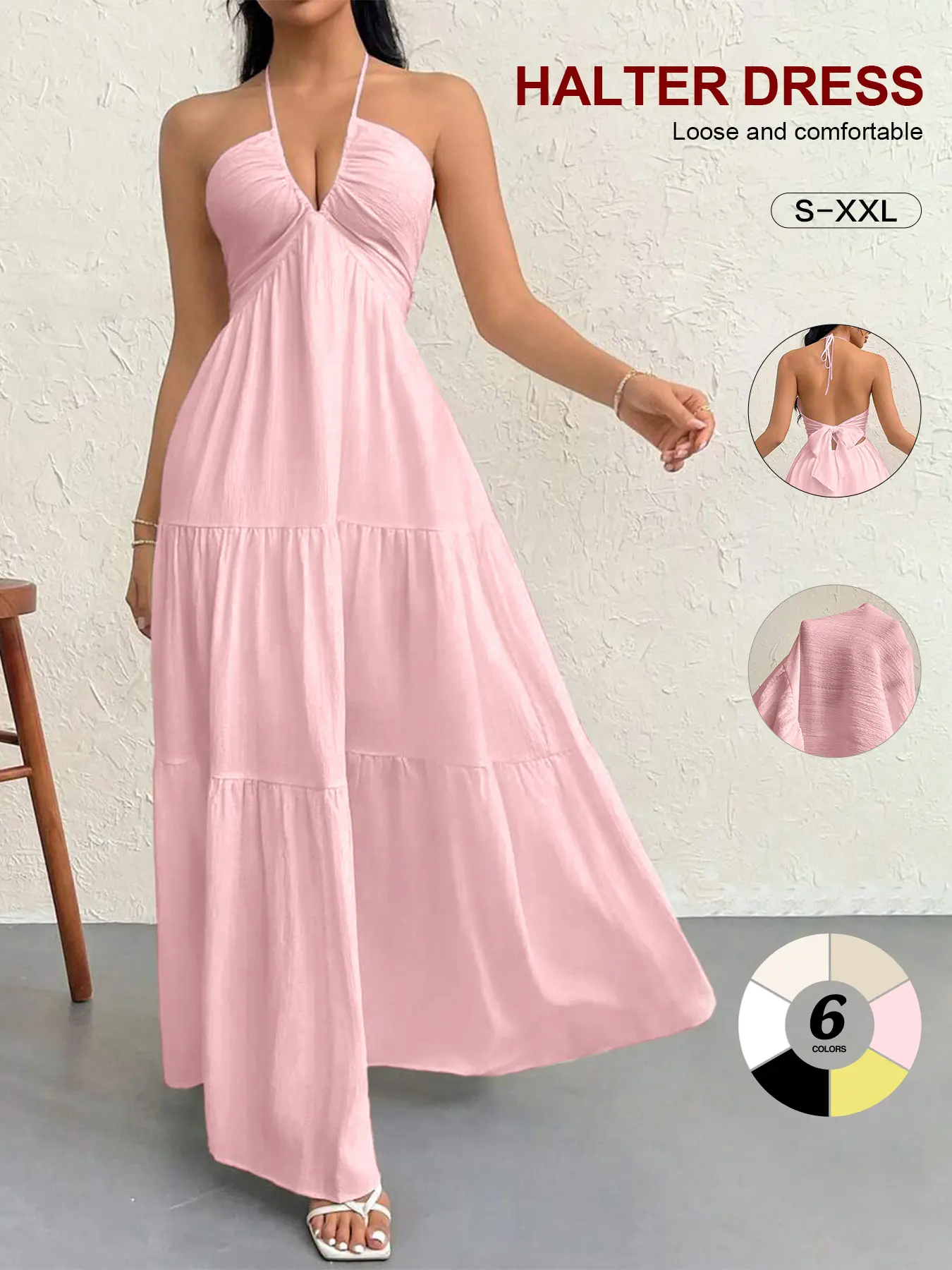 Women's Comfortable Adjustable Halter V-Neck Sleeveless Backless Tiered Boho Maxi Dress - Elegant Feminine Piece for Summer Vacation, Beach Party,summerwins