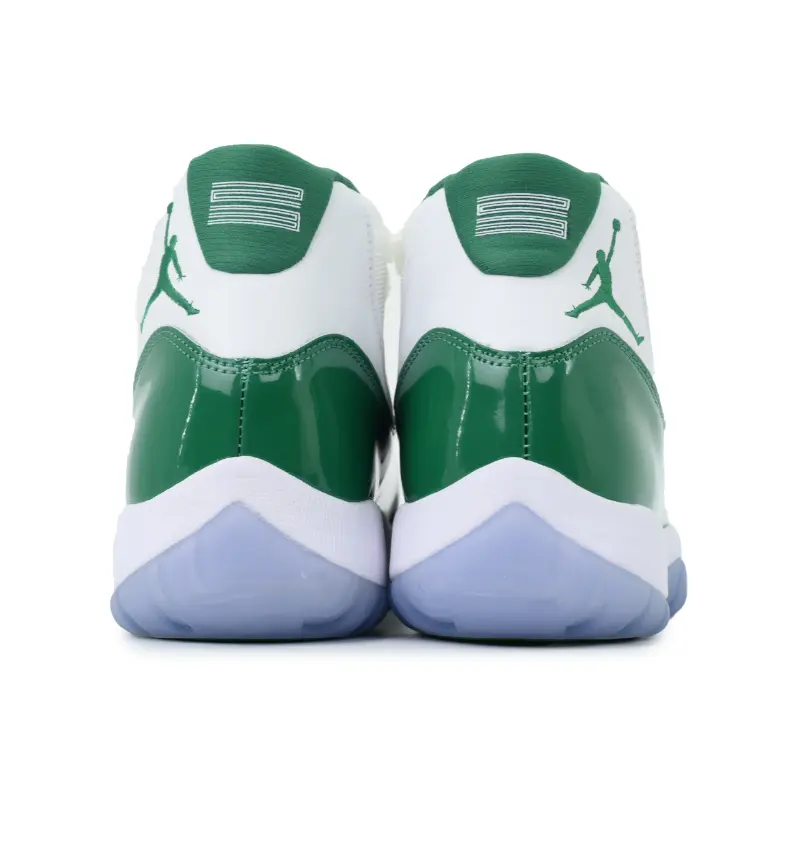 Classic Minimal White Mid Top Retro Basketball Sneakers Unisex, Solid Breathable Fabric & Gloss Green Patent Leather Combo Upper With Embroidery Jumpman Heel Logo, Full Length Shock Absorbing Foam