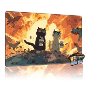 TCG, MTG, CCG RPG trading card game MATS, sunglasses cats drinking coffee during fiery dino meteor impact scene, 14x24 inches, anti-slip backing, easy clean, table mat/mouse pad decor, Gaming Mousepad, Non Slip Mousepad