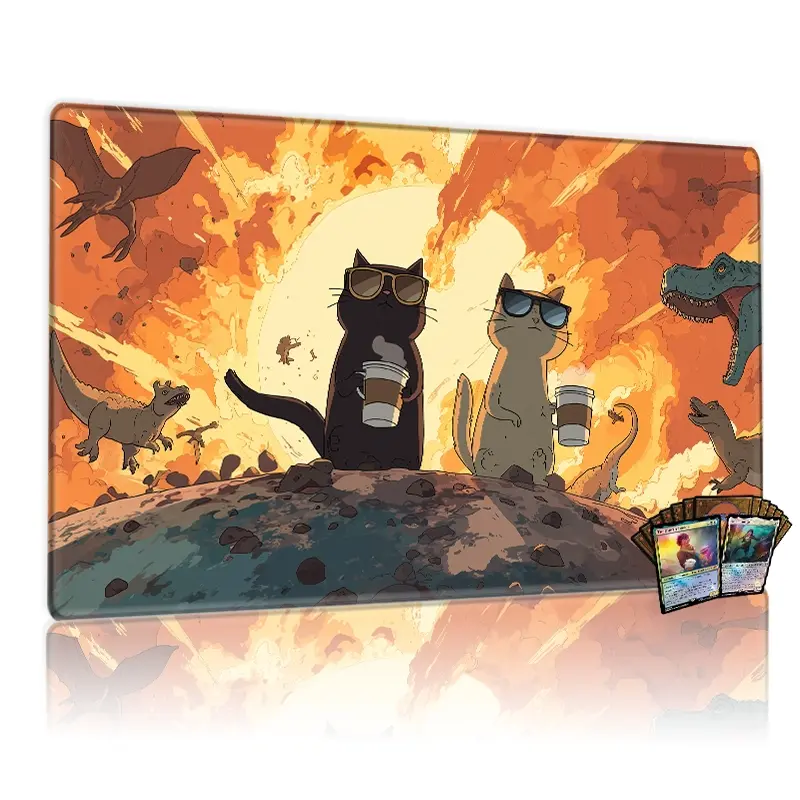 TCG, MTG, CCG RPG trading card game MATS, sunglasses cats drinking coffee during fiery dino meteor impact scene, 14x24 inches, anti-slip backing, easy clean, table mat/mouse pad decor, Non Slip Mousepad, Mousepad, Computer mouse pad