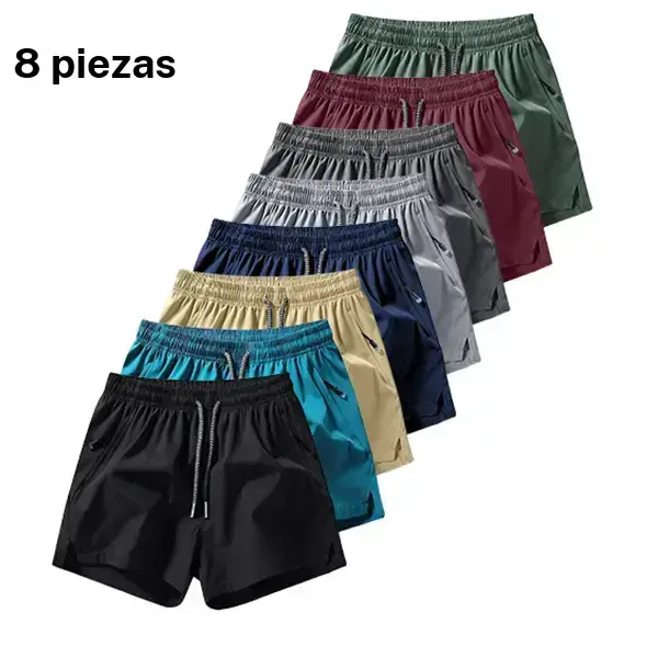 Men's eight piece sports shorts set, featuring a stylish casual design with drawstring waistbands, zippered pockets, and a variety of color combinations. Suitable for men who enjoy versatile wear, these shorts are perfect for everyday exercise, fitness, r