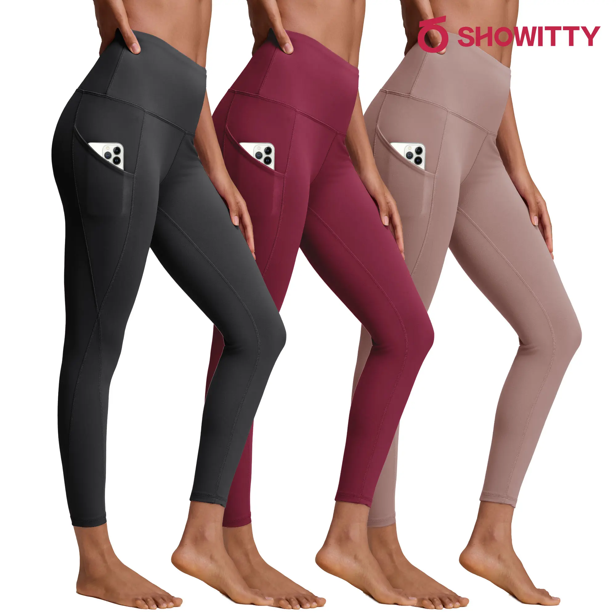 SHOWITTY Women's High Waisted Tummy Control 3 Pack Leggings with Pockets – Not See-through Stretchy Yoga Pants for Daily Wear