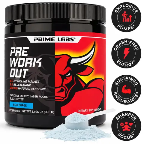 Prime Labs Pre-Workout Powder | Citrulline Malate, Beta-Alanine & Natural Caffeine | Energy + Focus + Performance Support | Blue Lemonade | 30 Servings