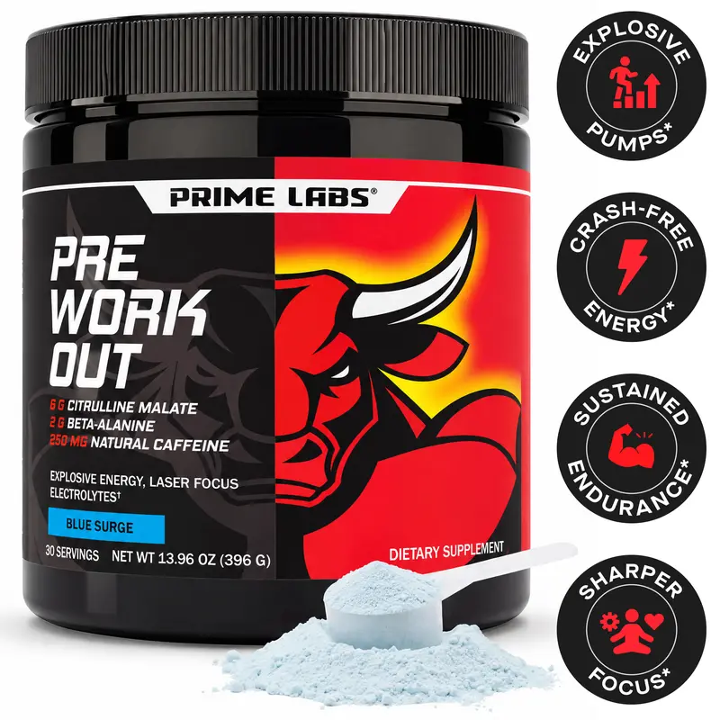 Prime Labs Pre-Workout Powder | Citrulline Malate, Beta-Alanine & Natural Caffeine | Energy + Focus + Performance Support | Blue Lemonade | 30 Servings