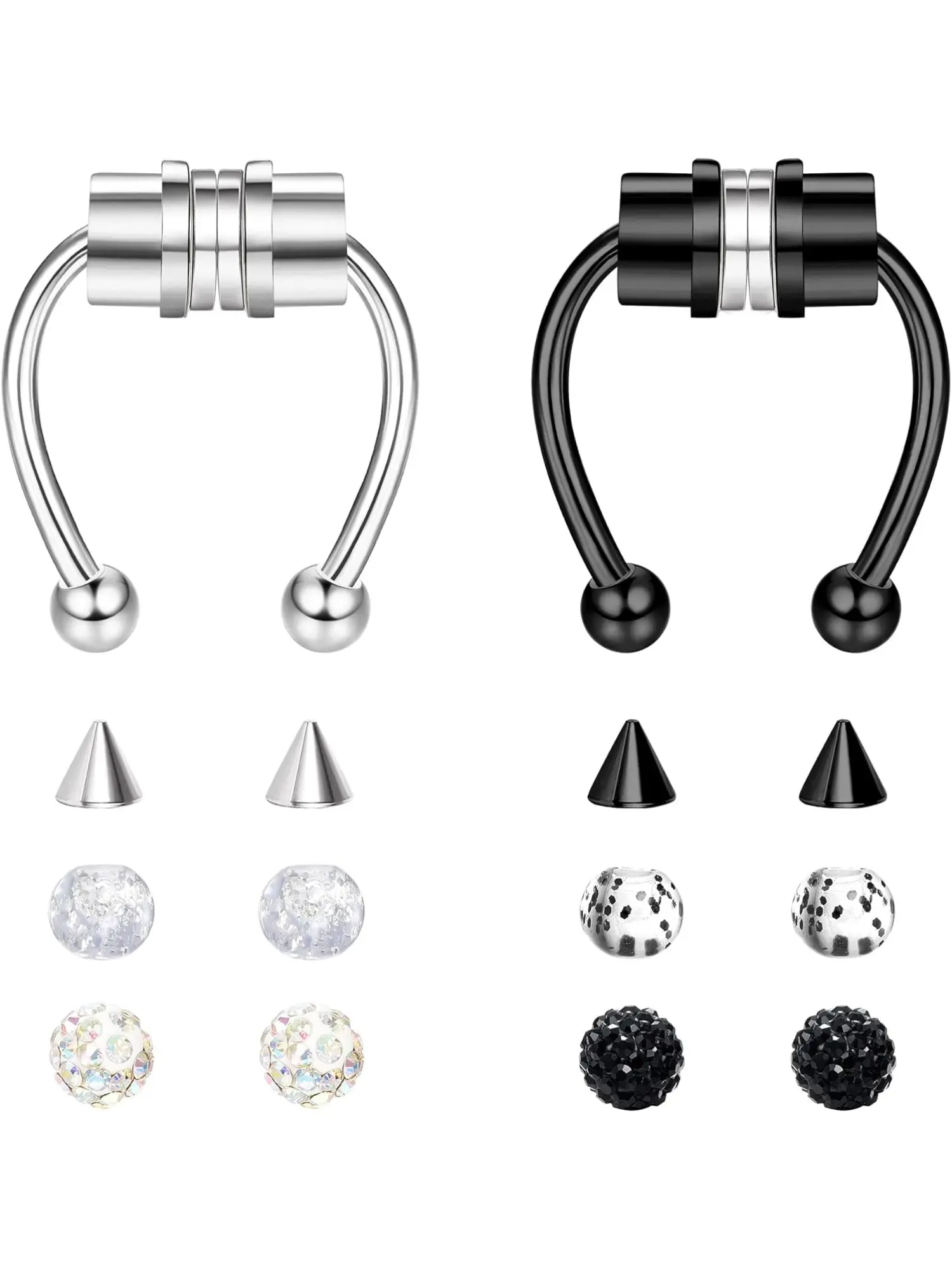 2Pcs Unisex Magnetic Clip On Septum Rings, Hypoallergenic Polished Stainless Steel Non Piercing Fake Horseshoe Nose Hoops Black & Silver Two Tone, Sturdy No-Pain Septum Jewelry For Daily Rave Festival Costume Party