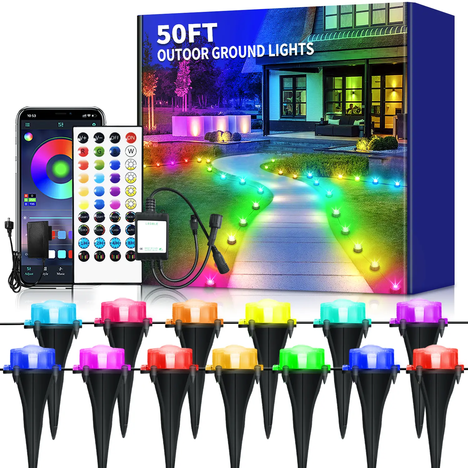 Smart Color-Changing Permanent Outdoor Ground Lights with Bluetooth Controller, Waterproof Water-Resistant Party & Wall Lights for Garden Pathway, Backyard Driveway Decor