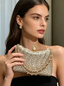Women's Elegant Rhinestone Decorated Evening Bag, Exquisite Chain Strap Clutch Bag, Trendy Handbag for Party Decoration, Fashionable Shoulder Clutch, Embellished Clutch