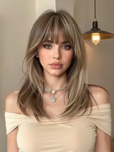 18 Inch Gold Straight Bangs Wig, Fashionable Natural Daily Style for Women, Synthetic Hair Replacement System, Synthetic Material Wigs