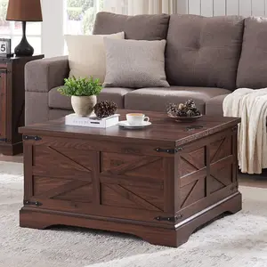 T4TREAM Farmhouse Coffee Table, Square Wood Center Table with Large Hidden Storage Compartment for Living Room, Rustic Cocktail Table with Hinged Lift Top for Home