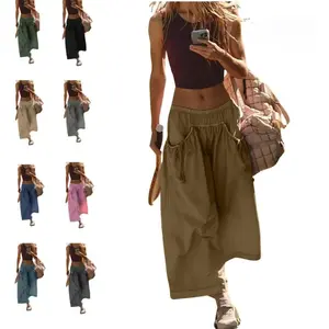 Yeokou Women's Wide Leg Track Pants Boho Sport Style with Tie-adorned Pockets Elastic Waist Capri Hiking Parachute Pants Casual Bottom - Wideleg Minimalist Minimalist Basic Minimalist Womenswear Basic