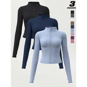 Women's high elasticity stand up collar thumb hole slim yoga top, breathable long sleeved running jacket, spring and autumn sportswear, exercise running clothes, size s-XxxlRAIMENTRY