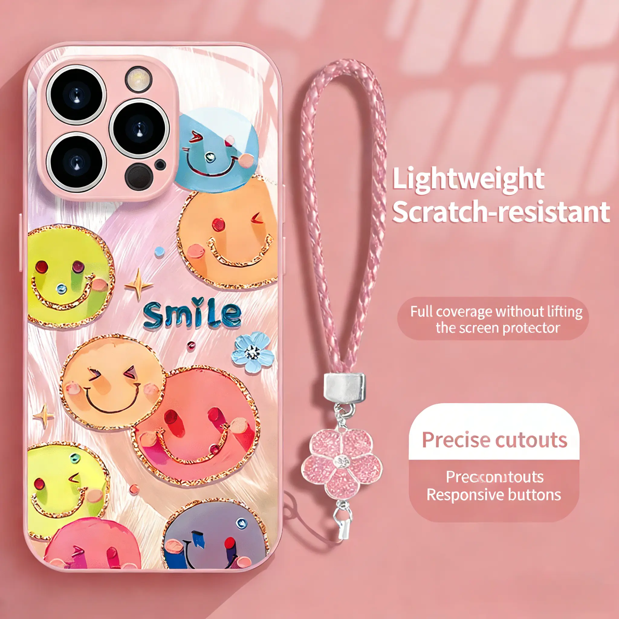 Brand new high-end pink smiley face phone case for women , compatible with iPhone 17/16/15/14/13/12/11 Pro Max Plus and Samsung S and A series, features a lucky four-leaf clover bracelet, simple and stylish, available in multiple colors 995