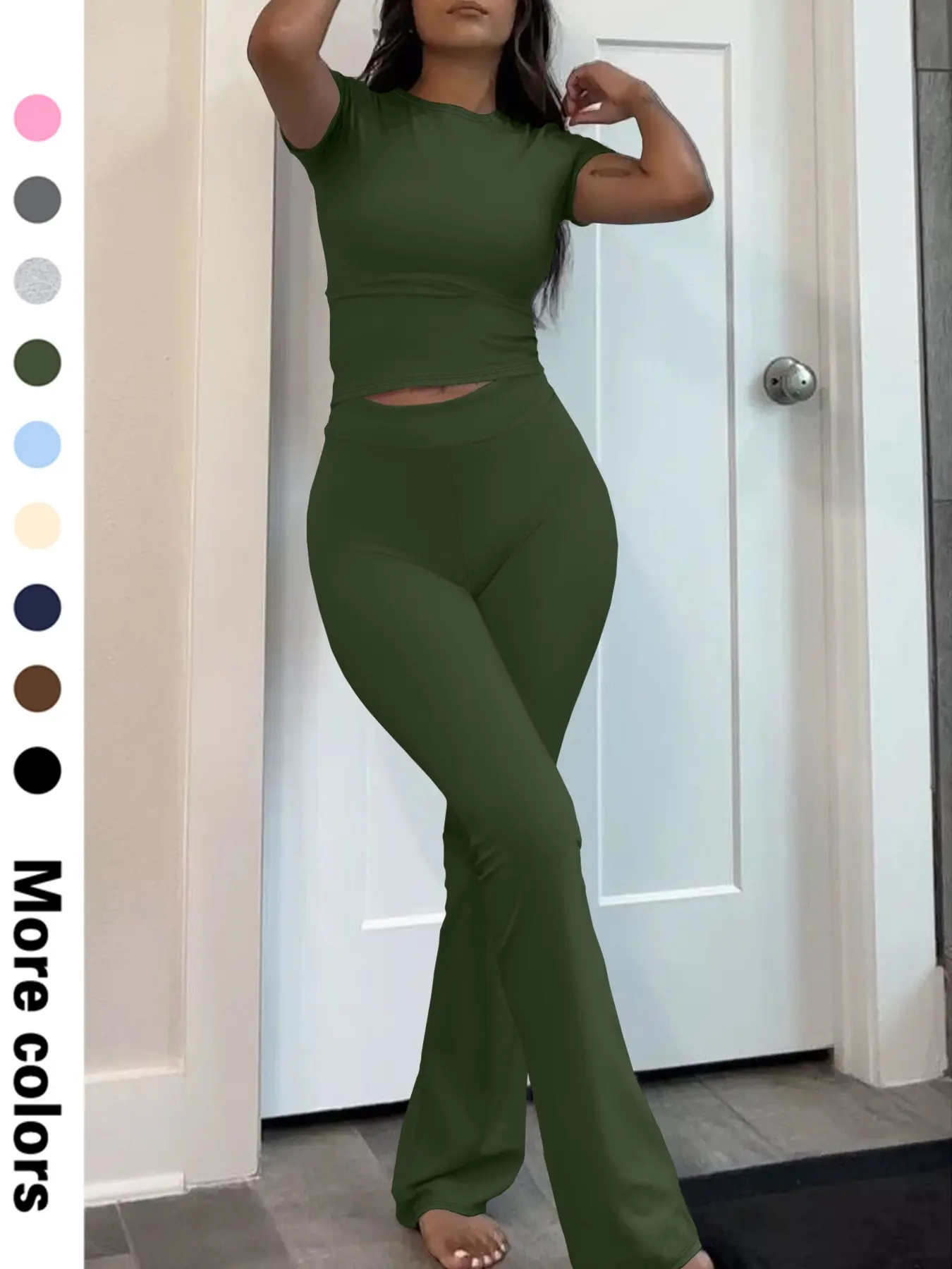 2 Pieces /6 Pieces Women Sets Women’s Crop Top with Short Sleeves and High Waist Pants Set, Slim-Fitting Casual Two-Piece for Stylish Summer Looks Womenswear Suits Casual Fitted Set
