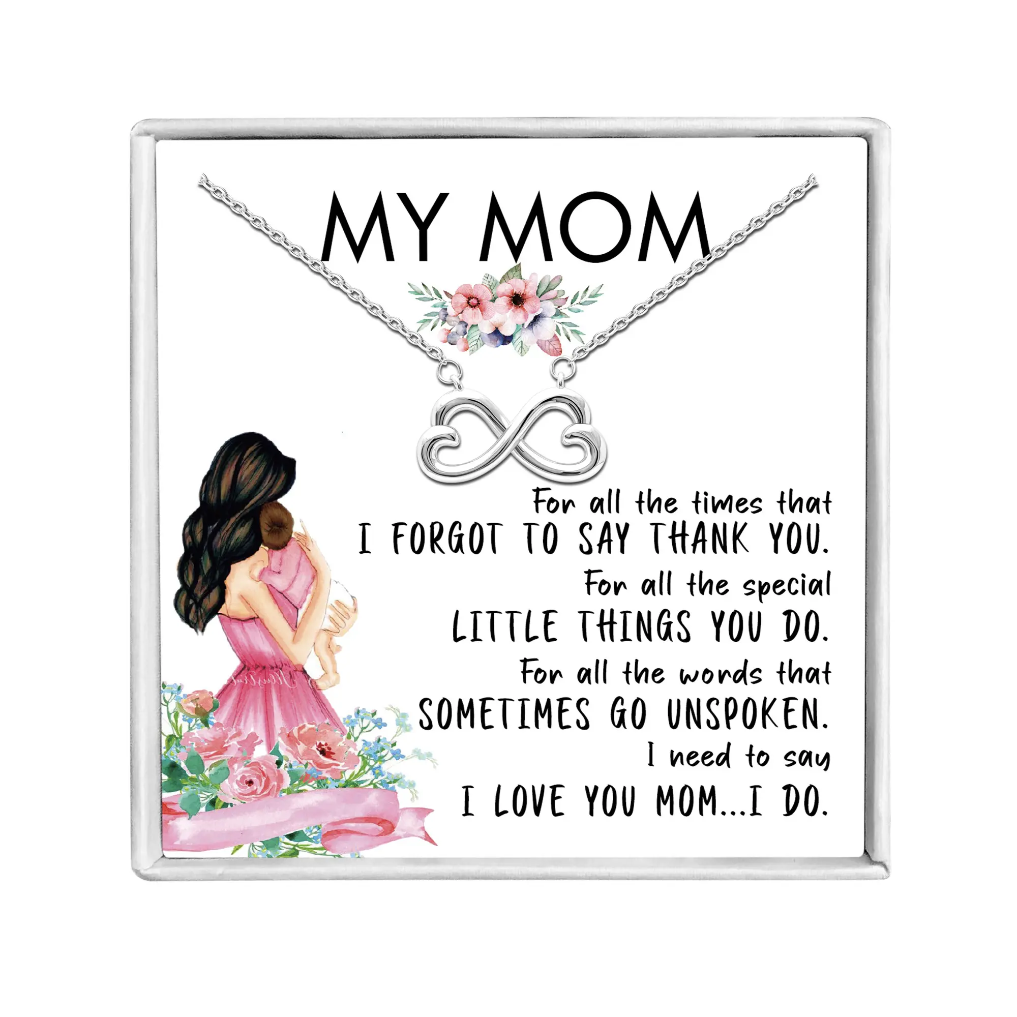 Hanging Cat  Necklace with Mom Greeting Card for Mom by Ginger Lyne |Sterling Silver Pendant and Chain All  In Logo Black Box | Gifts for Mother