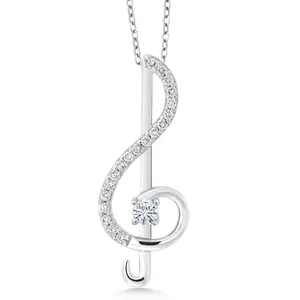 Gem Stone King Treble Clef Music Note Pendant Necklace For Women By Keren Hanan | 925 Sterling Silver | Round 3MM Gemstone Birthstone and White Moissanite | With 18 Inch Silver Chain