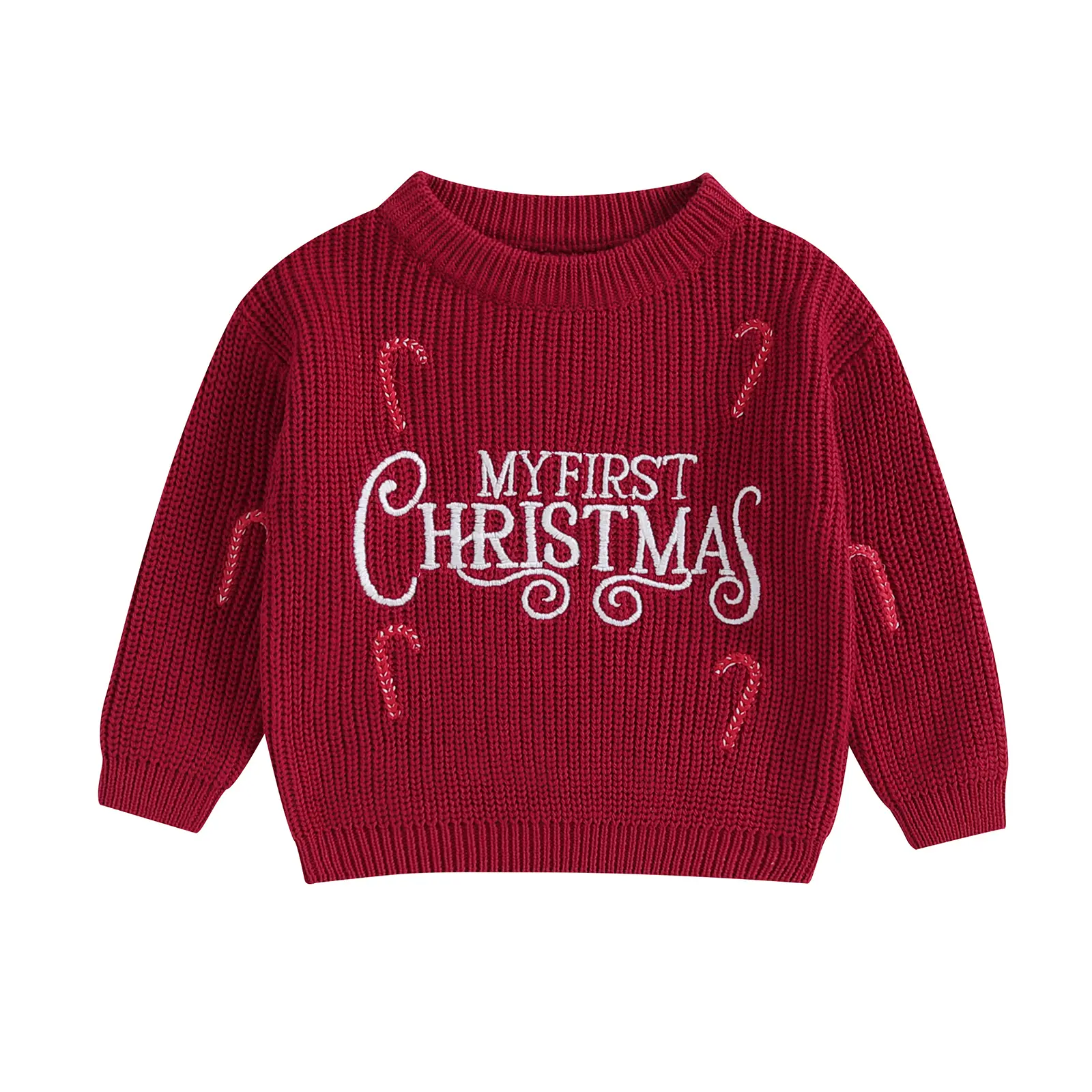 Toddler Baby Boys Girls Christmas Knit Sweater Long Sleeve Crewneck Candy Letters Embroidery Pullover Autumn Winter Jumper Knitwear