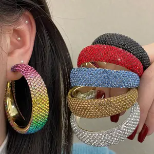 Women' Large C-Shaped Hoop & Stud Earrings - Elegant Hoops with C-Curve - Full Synthetic Zirconia Disco Shiny - Suitable for Parties, Weddings, Prom - Year-Round Wearable Luxury Ear for Daily or Special Occasions