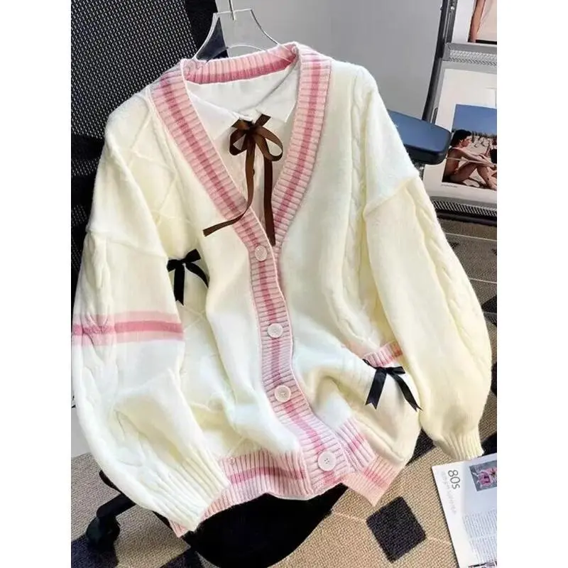Trendy Sweet Bow Knitted Cardigans Y2K Aesthetic All Match Contrast Color Coats Fashion Single Breasted Women Kawaii K Sweaters, Style Versatile All-Season Durable Wear Elegant Modern Classic Comfortable Stretchy Relaxed
