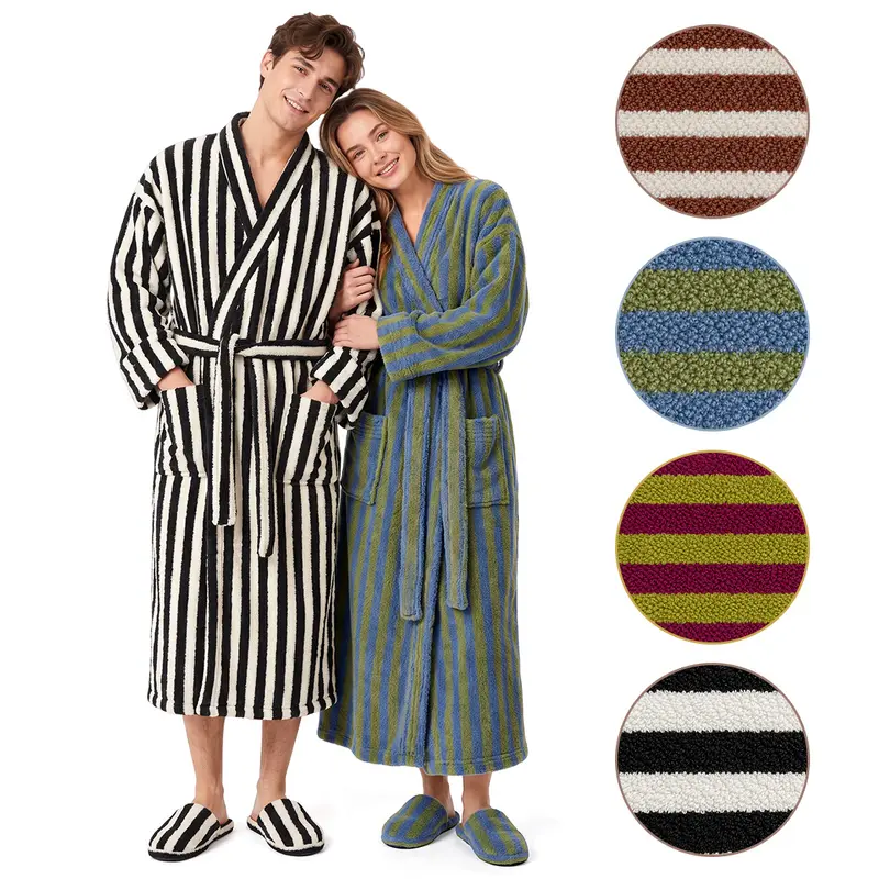 Gihuo Mens Striped Robe Fluffy Long Plush Bathrobes Fleece Fuzzy Warm Thick Kimono Loungewear Maxi Robe Unisex