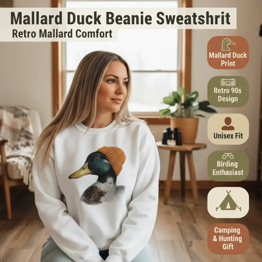 Women's Graphic Cotton-Polyester Mallard Duck Beanie Sweatshirt, Retro 90s Unisex Bird Crewneck Tops, Camping Gift #DICH