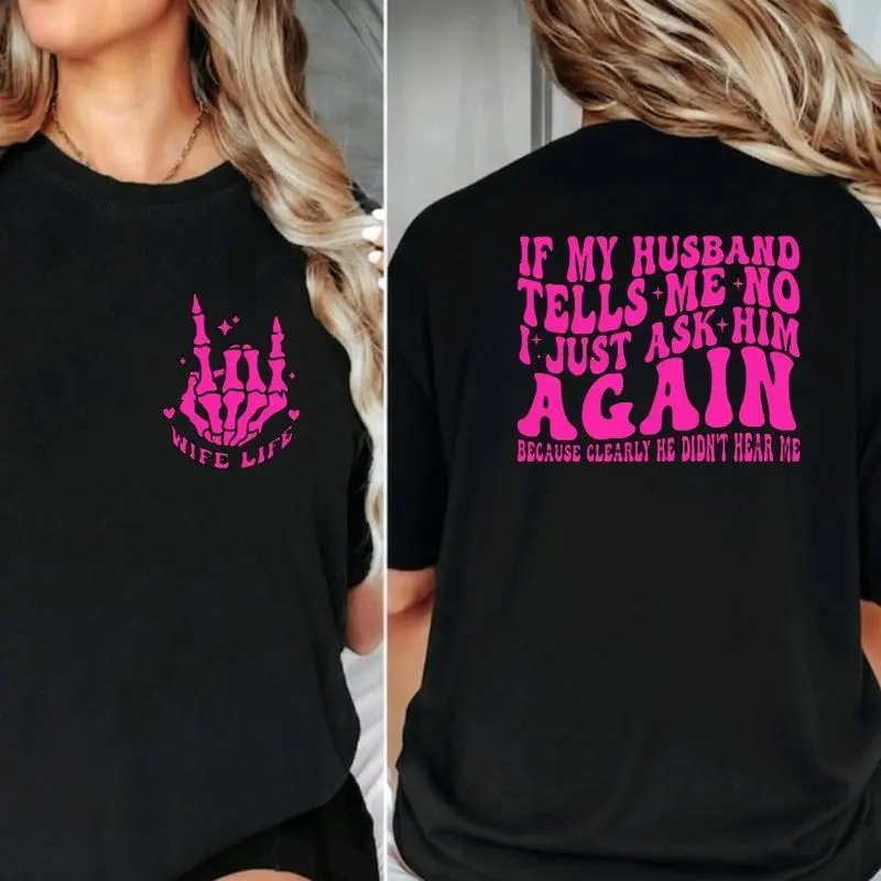 Women's Funny Wife Graphic T-Shirt - Casual Short-Sleeve Pure Cotton Fabric Top, Loose Fit Round Neck, Retro Wavy Lettering, Seamless, Lightweight, All-Season Athletic Wear