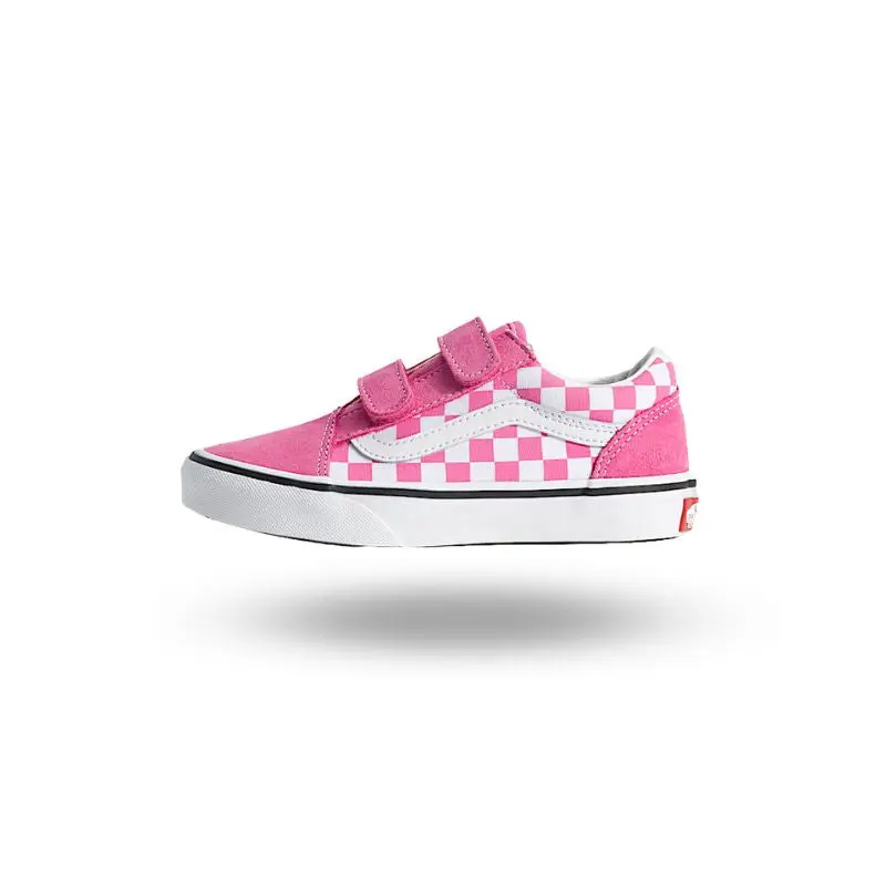 VANS Kids' Old Skool V Glitter Casual Cotton Low-Top Shoes - Pink Canvas, Rubber Waffle Sole, Hook-and-Loop Straps, Reinforced Round Toe Cap, Secure Fit for Outfit Matching