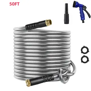 NW10Lbs 25FT/50FT/100FT Stainless Steel Metal Garden Water Hose with Multi-Function Nozzle 304 Stainless Steel Pipe Flexible Light weight