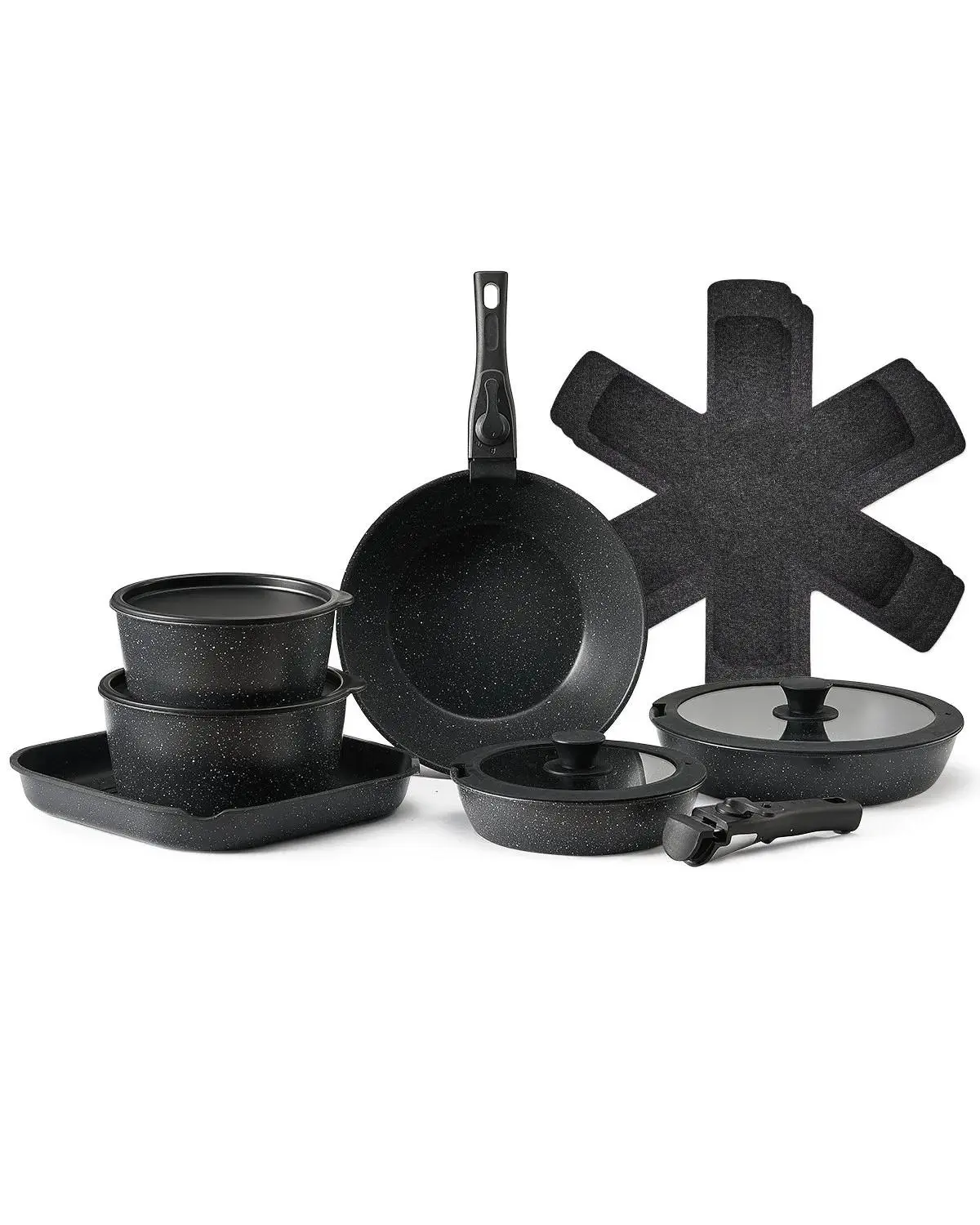 VEVOR 17-Piece Granite Nonstick Cookware Set, Thick Handles, Oil-Saving, Transparent Lids, Square Pans & Pots, Induction Compatible, Black Kitchen Cookware for Summer Use, Detachable, Compact