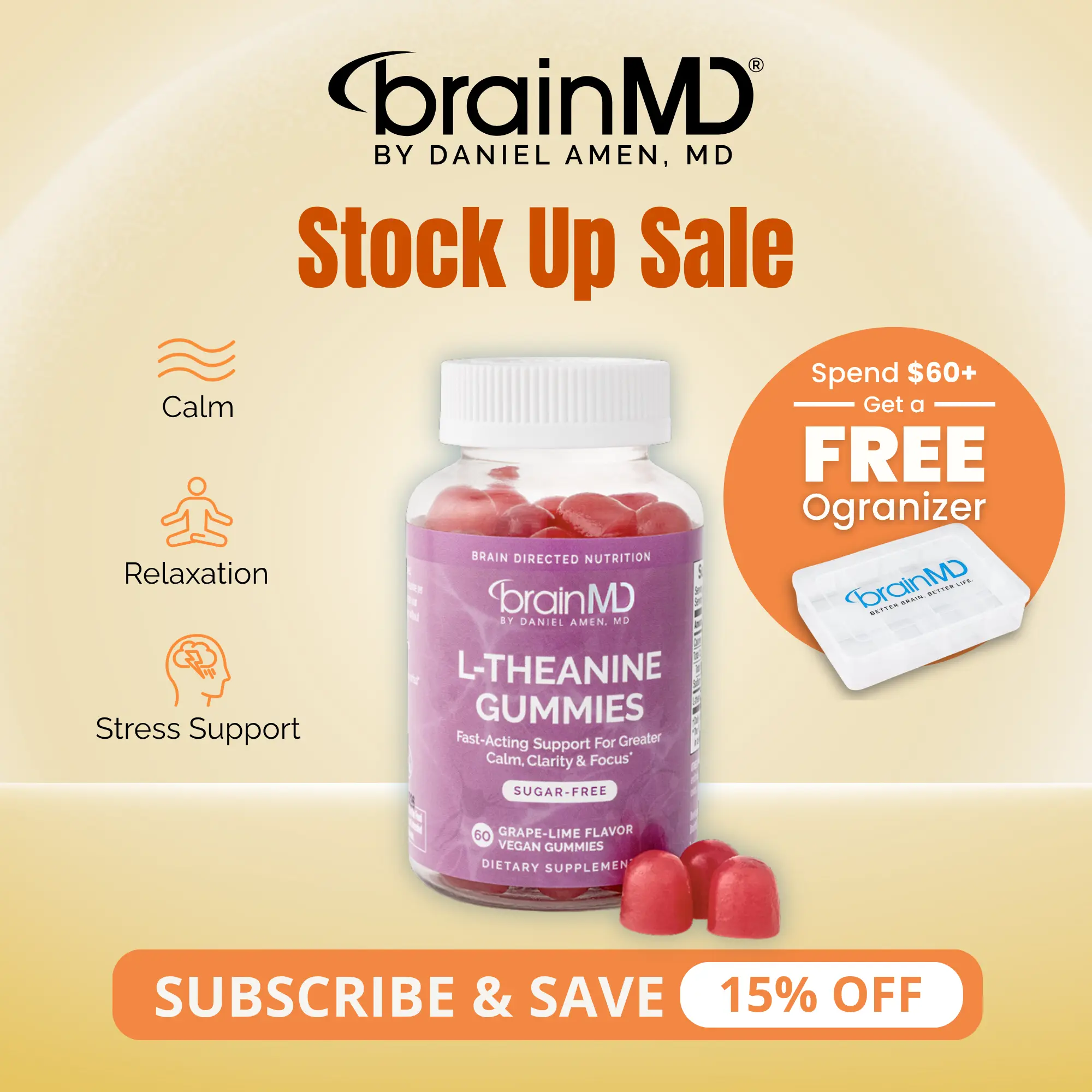 L-Theanine Gummies | BrainMD | 60 Gummies | Stress & Anxiousness Relief | Calm Focus & Restful Sleep Support | L-Theanine