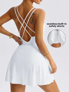 Women’s backless crisscross sports dress with removable pads, mini yoga skirt, fitted above the knee, casual tennis dress, athletic tennis dress, all seasons