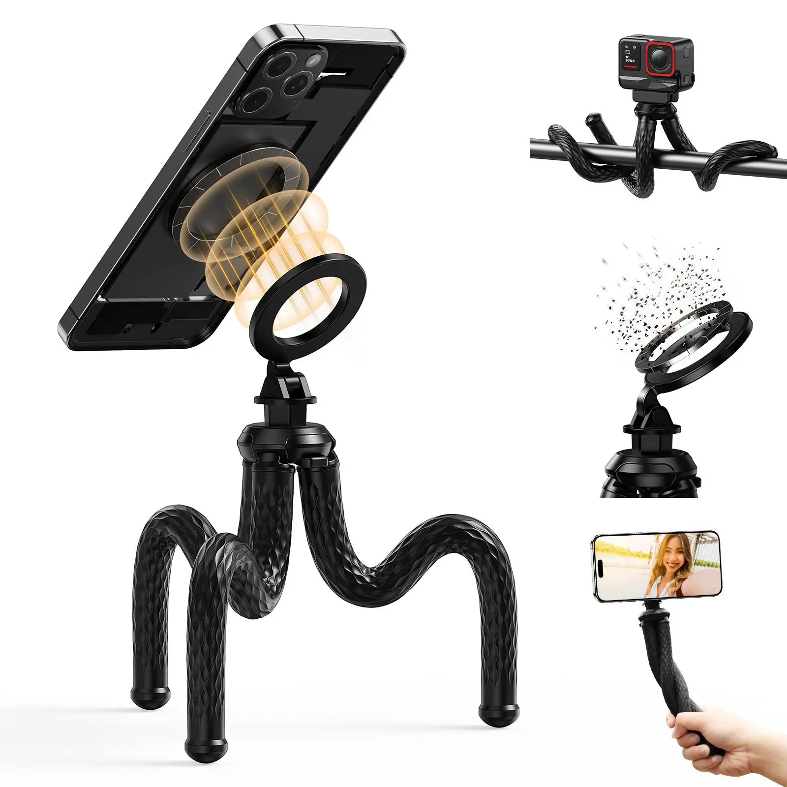 TELESIN Magnetic Flexible Tripod for iPhone, Mini Bendable Tripod Phone Stand for Magsafe Stroller Treadmill Tube Motorcycle Arm Phone Holder Selfie Stick for Video Recording for Phones Action Camera