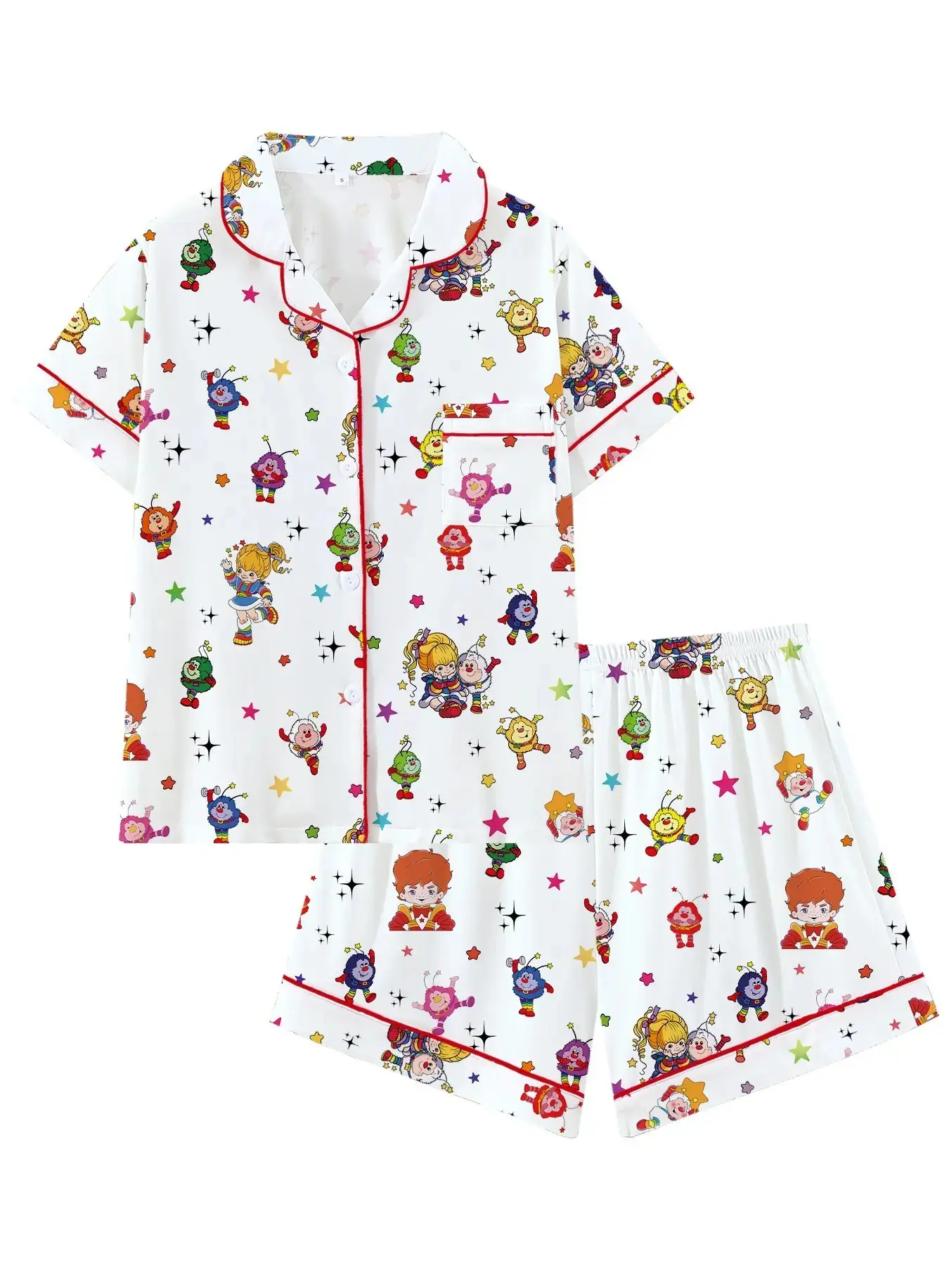 Rainbow Girl Cartoon Pajama Set, Retro Cute Collared Short Sleeve Sleepwear, Summer 2 Piece PJs, Comfortable Home Loungewear, Fun Gift for Women